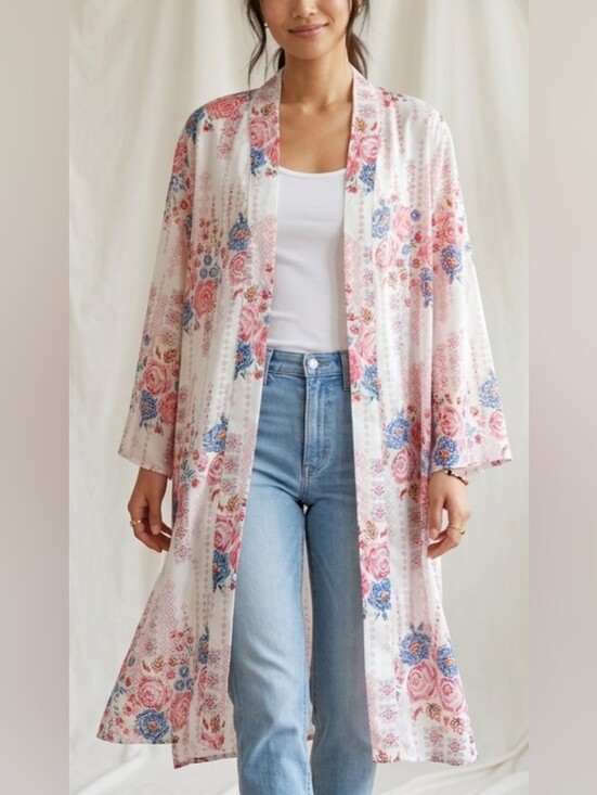 Jorja Other - JORJA Floral Kimono Cardigan Duster XL White Pink Blue Open Front Lightweight